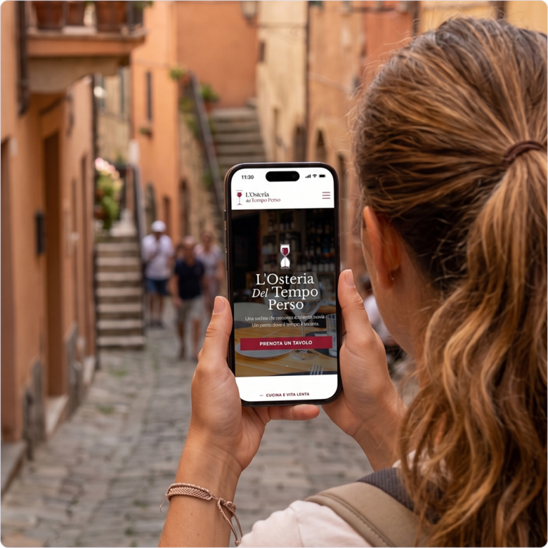 Il sito dell'Osteria del Tempo Perso aperto su smartphone per le vie di Capoliveri